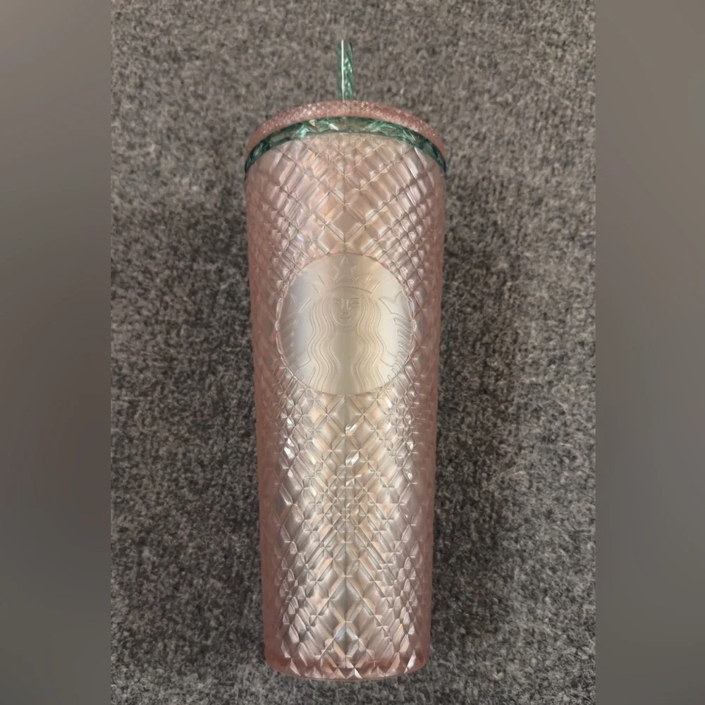 Starbucks 24oz Iridescent Pink & Green Diamond Texture Tumbler Cup Green Straw